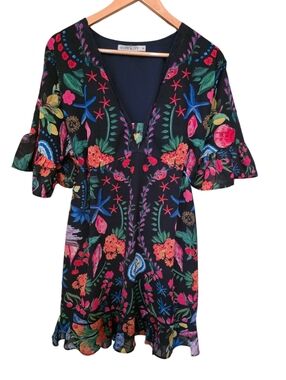 Hope & Ivy V-Neck Floral Tie Back Mini Dress Ruffle Sleeves & Hem Size 14 EUC